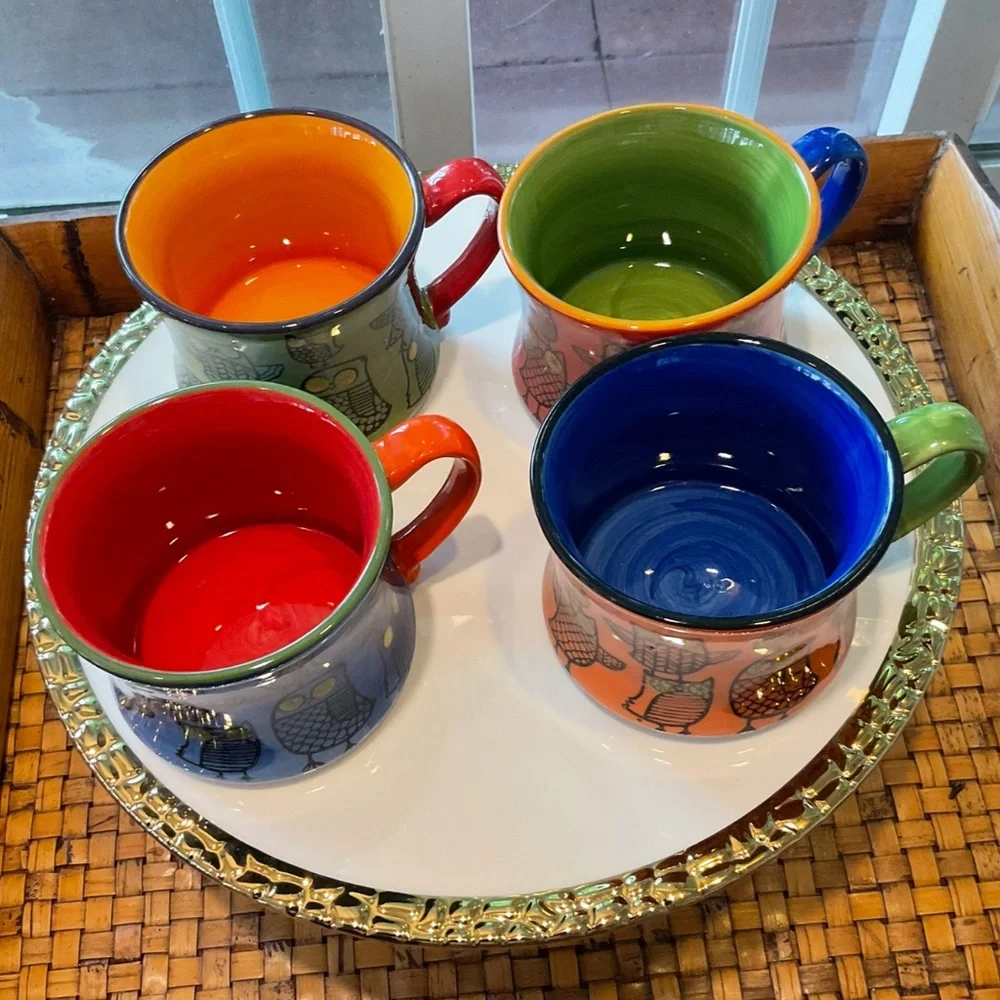 Pier 1 Stackable Colorful Owl Coffee Mugs 4 Total